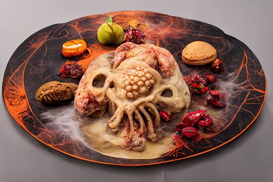 A frightening meal consisting of human anatomical parts, brain matter, guts, skulls, and bones mixed with poisonous vegetables, all isolated on a grey background. Halloween horror dinner theme
