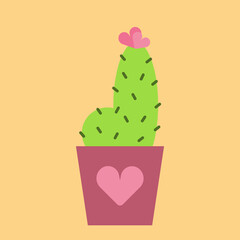 Doodle cactus in the flower pot with heart ornament. Valentine, wedding, love cards, print for decorating clothing