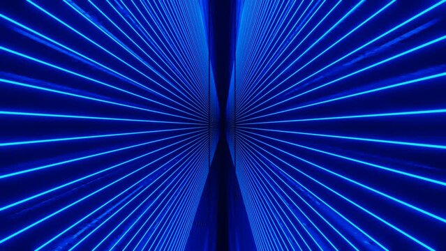 Glow blue lines. 4k seamless looped animation. Fly through mirror tunnel with neon pattern, glow lines form sci fi pattern. Bright reflection neon light. Simple bright background, sci fi structure