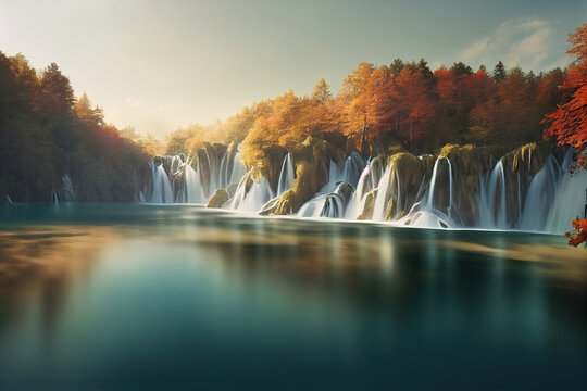 A spectacular autumnal waterfall drone view in the autumn season of a typical landscape of Croatia with with foliage and brown trees. 3D illustration.
