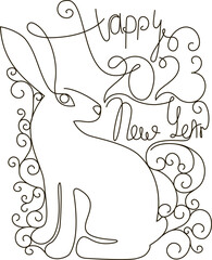 Happy New Year 2023 template in a continuous line style. Lettering along with bunny pattern with monograms. Design for banner, greeting card, brochure or print. Vector illustration