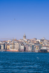 View of Istanbul historical peninsula from the sea, Galata Tower and Istanbul silhouette. Bosphorus 