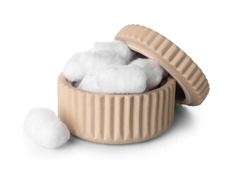 Fototapeta na wymiar Bowl of soft cotton balls on white background