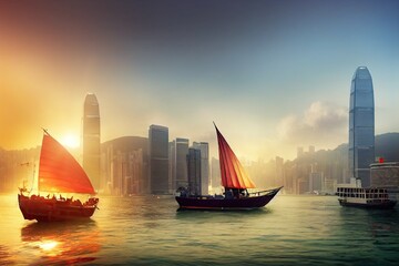 red-sail junk boats sail across a view of Hong Kong skyscrapers and buildings at sunset in China. 3D illustration.