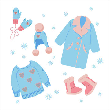 Cozy winter clothes with hearts. Set of winter items. Vector illustration isolated.