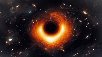 On April 10th, scientists revealed the first picture of a black hole, illustrated here at the centre of the galaxy Messier 87. Black background with copy space. 3D illustration