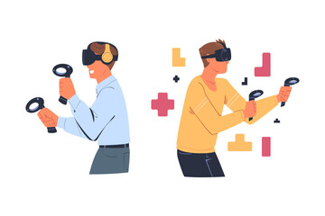 Man Wearing Virtual Reality Headset Immersed in Abstract VR World Vector Set