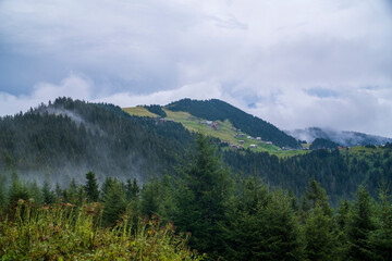 Fototapeta premium Misty mountains and old village houses. Village life and nature landscapes. North black sea, Camlihemsin, Sal plateau, Turkey.