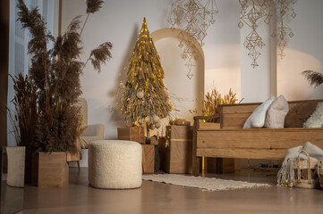 festive space Christmas tree in craft and wooden style and interior. Waiting for the holiday
