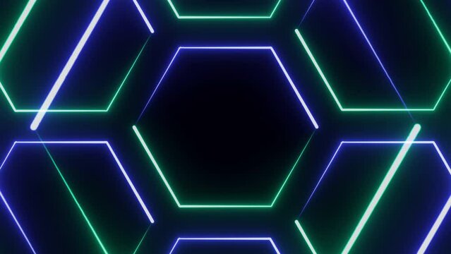 4K Glowing Neon Light Futuristic surface concept with Blue and Magenta Illuminated hexagons Grid. Trendy sci-fi technology background with hexagonal pattern. Seamless loop. Geometric Hexagon Pattern.