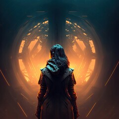 Science fiction concept. Back view of woman with sci-fi portal background. - obrazy, fototapety, plakaty