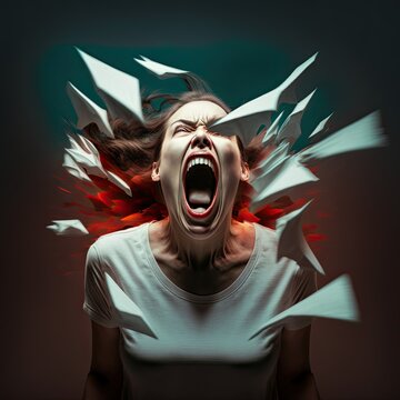 Screaming woman with distorted face. Anguish, panic, anxiety, emotion. Emotional portrait. Generative AI.
