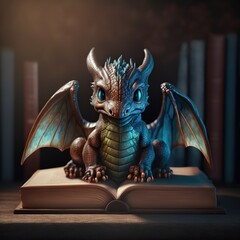 Cute little mini dragon sitting on top of a book. Fantasy creature concept. Character design. Ancient knowledge. - obrazy, fototapety, plakaty