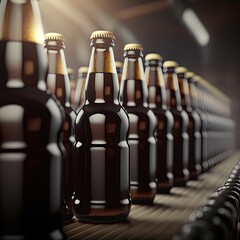 Bottles of dark beer or cola soda on conveyor belt at brewey. Product design. 3d render illustration.
