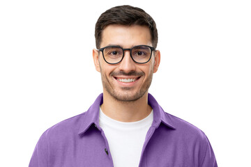 Headshot portrait of young handsome smiling man in purple shirt and glasses