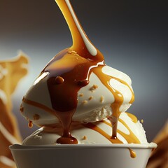 Close-up of vanilla ice cream with caramel syrup