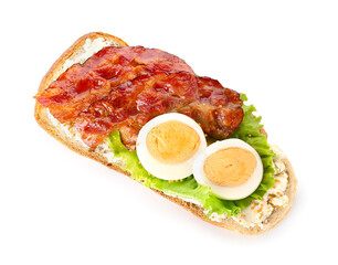 Tasty toast with boiled egg and fried bacon on white background