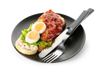 Plate of tasty toast with boiled egg and fried bacon on white background