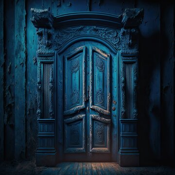Ancient old blue wooden door. What lies beyond? Portal to another world fantasy concept.