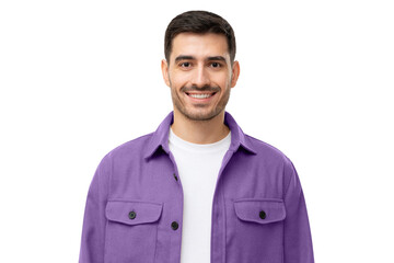 Fototapeta premium Portrait of smiling young man in purple workwear shirt