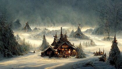 fantasy epic darkwood viking wintry forest village, intricate sprawling wacky wondrous mythic wonders background.
