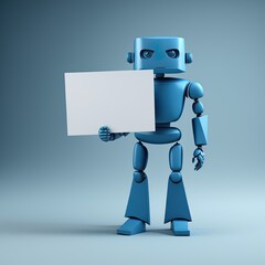 Blue android robot with empty white blank sign isolated