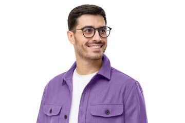 Close-up portrait of young handsome smiling man wearing casual purple shirt and glasses, looking...