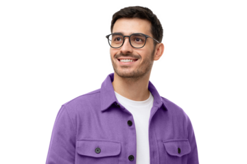 Portrait of handsome man wearing glasses, looking away as if thinking of future. Eyewear fashion ads