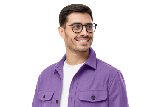 Close-up portrait of young handsome smiling man wearing casual purple shirt and glasses, looking away