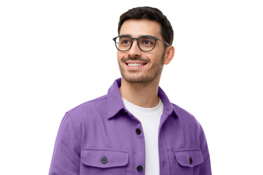 Portrait of handsome man wearing glasses, looking away as if thinking of future. Eyewear fashion ads