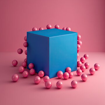 Blue and pink abstract background with big box and many small balls. 3d render for advertising, promotion, marketing.