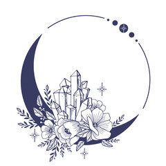 Set of Crescent moons with flower, Flower Moon, Floral magic celestial clipart, Blooming Moon with Stars and crystals