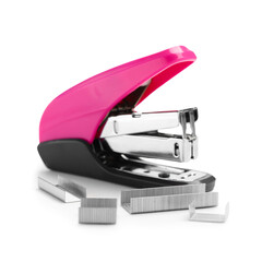 Pink office stapler with staples on white background