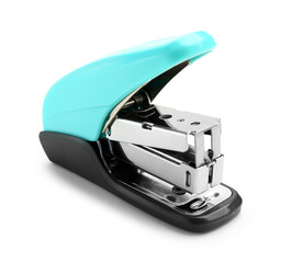 Blue office stapler on white background