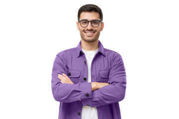 Portrait of young smiling latin man in purple shirt and glasses, feeling confident