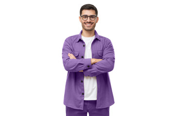 Handsome young man in purple workwear shirt and glasses, feeling confident with arms crossed,...