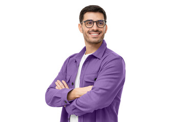 Confident young man in casual purple shirt looking away, standing with crossed arms