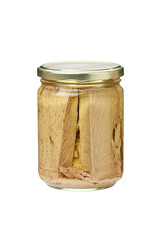 Preserved tuna fish fillets in a glass jar. Isolated on a transparent background