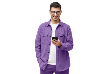 Smiling man wearing casual purple shirt looking at phone