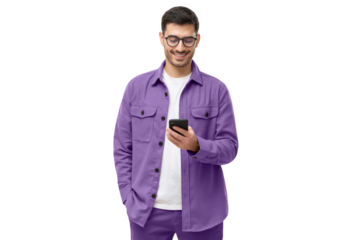 Smiling man wearing casual purple shirt looking at phone