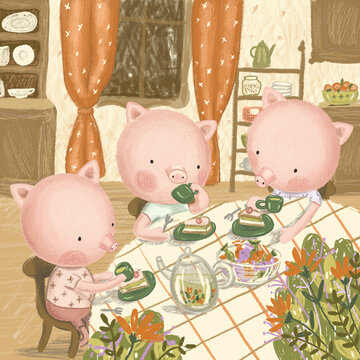 children's fairy tales The Three Little Pigs. Pigs drink tea with a cake in a cozy kitchen.modern children's illustration.Beautiful design for children's book, card, postcard, wallpaper.