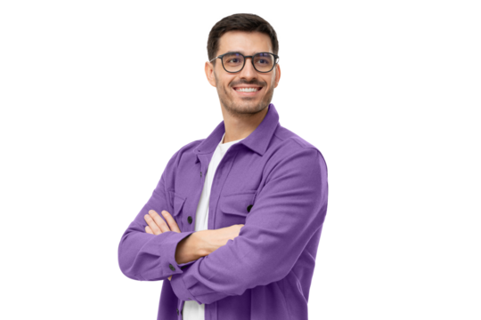 Confident young man in casual purple shirt looking away, standing with crossed arms