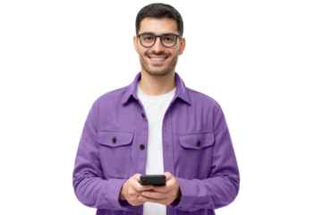 Young man in casual purple shirt and glasses, holding phone, looking at camera with smile