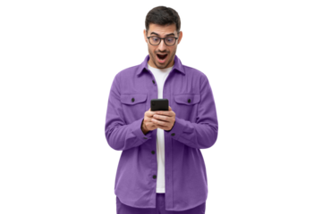 Young man in purple shirt looking at phone screen with shocked face