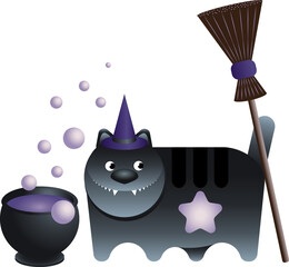 funny toothy black cat with a cauldron and a broom. halloween. vector. isolate. Cheshire Cat.  - 548613354
