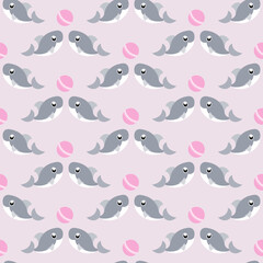 pink seamless pattern with grey shark with ball. Vector illustration - 548613355