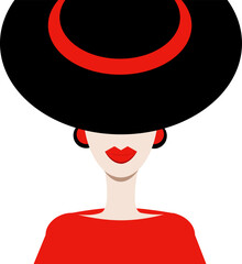 a woman or girl in a black hat with red lips and a red dress. vector. isolate.  - 548613363