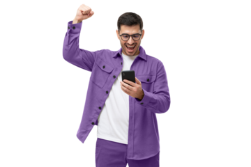 We've got a winner! Happy young man in purple shirt looking at phone screen with victory expression