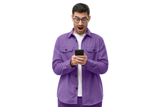 Young man in purple shirt looking at phone screen with shocked face - Powered by Adobe