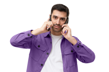 Overwhelmed business man talking using two phones